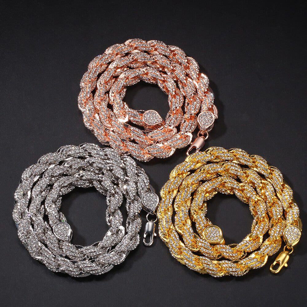 9mm Gold Twist And Diamond Hip Hop Necklace