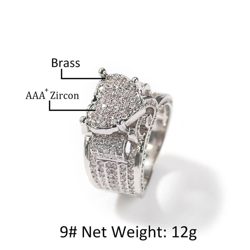 Hip-hop Style Micro-inlaid Zircon Heart-shaped Brass Ring