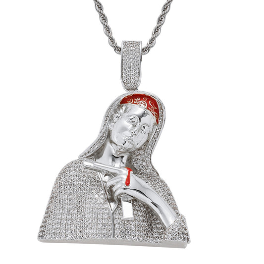 Iced Virgin Mary Pistol Dripping Blood Punk Zircon Pendant