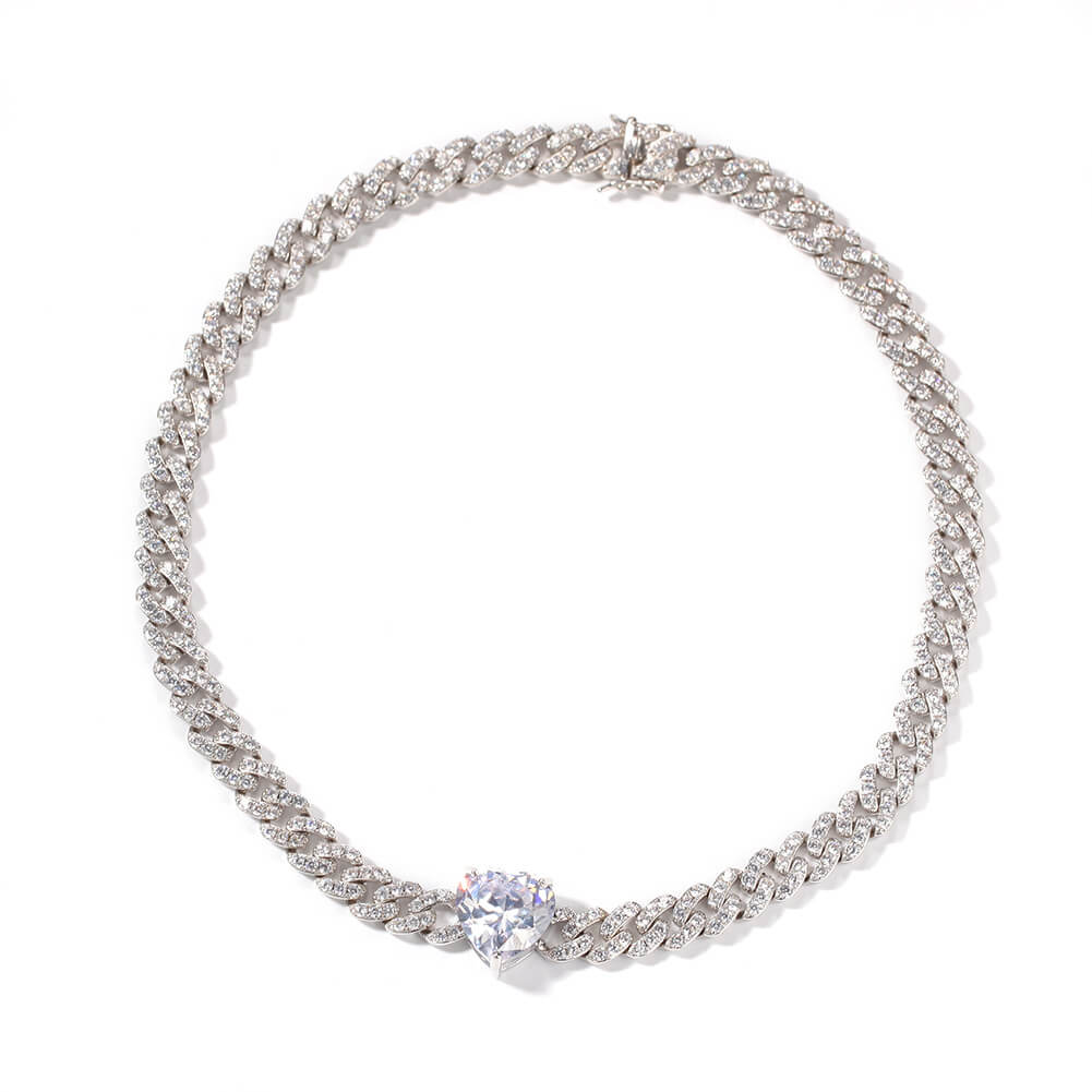 14" Heart-Shaped Zircon Choker Cuban Chain