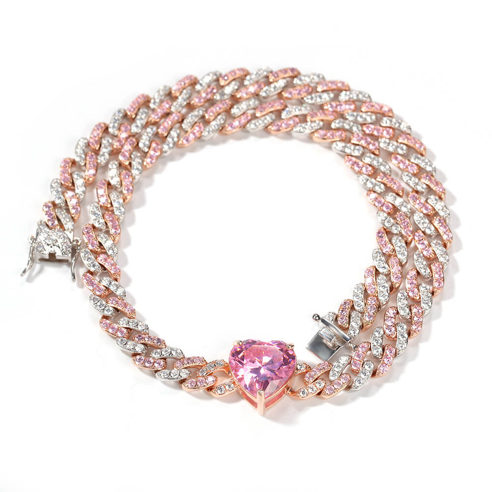 14" Heart-Shaped Zircon Choker Cuban Chain