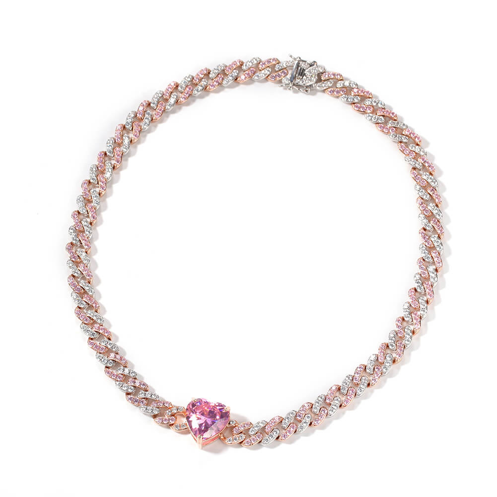 14" Heart-Shaped Zircon Choker Cuban Chain