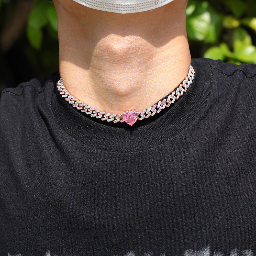 14" Heart-Shaped Zircon Choker Cuban Chain