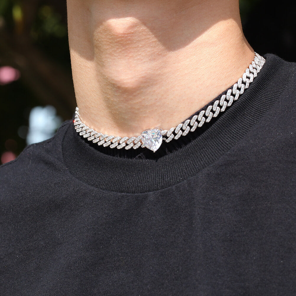 14" Heart-Shaped Zircon Choker Cuban Chain