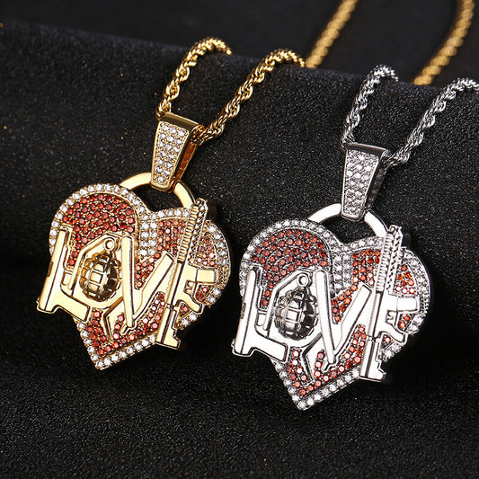 Hip Hop Heart-shaped LOVE Micro Inlaid Colored Zircon Pendant