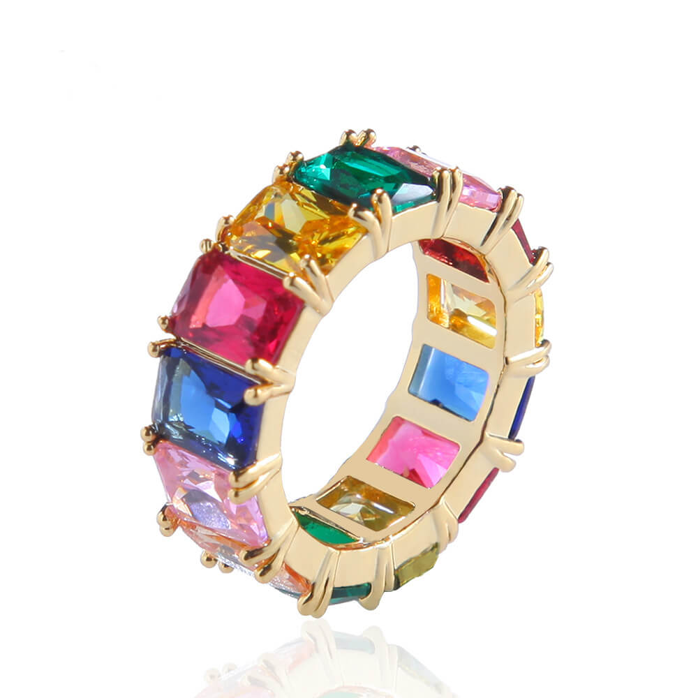 Hip Hop Men's Rainbow Square Zircon Ring