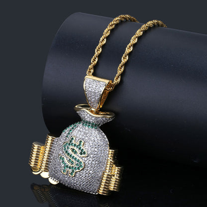 Iced Money Bag Dollar Pendant in Gold