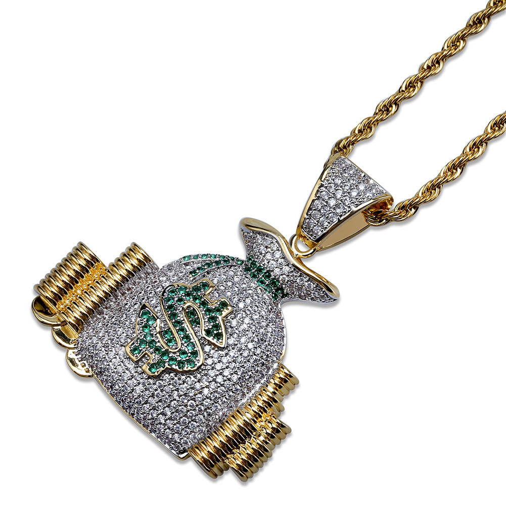 Iced Money Bag Dollar Pendant in Gold