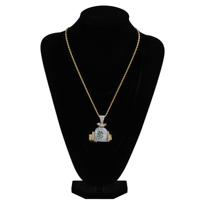 Iced Money Bag Dollar Pendant in Gold