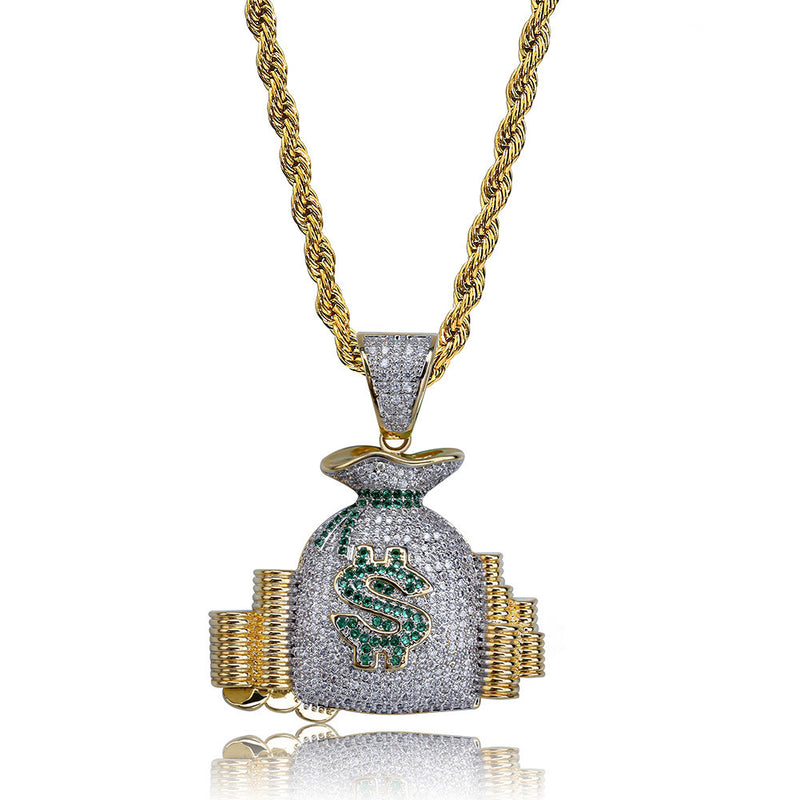 Iced Money Bag Dollar Pendant in Gold