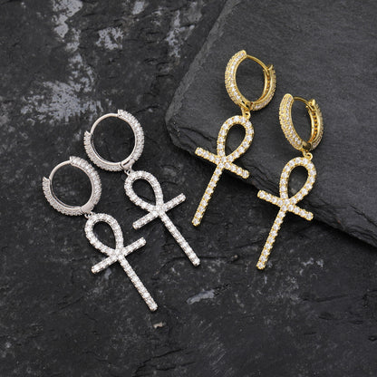 Iced Ankh Dangle Hoop Earrings