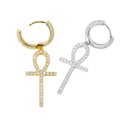 Iced Ankh Dangle Hoop Earrings