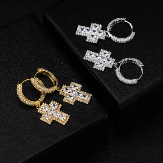 Iced Cross Dangle Hoop Earrings