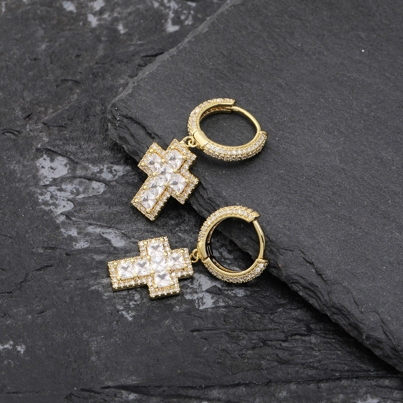 Iced Cross Dangle Hoop Earrings