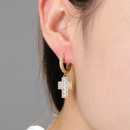 Iced Cross Dangle Hoop Earrings