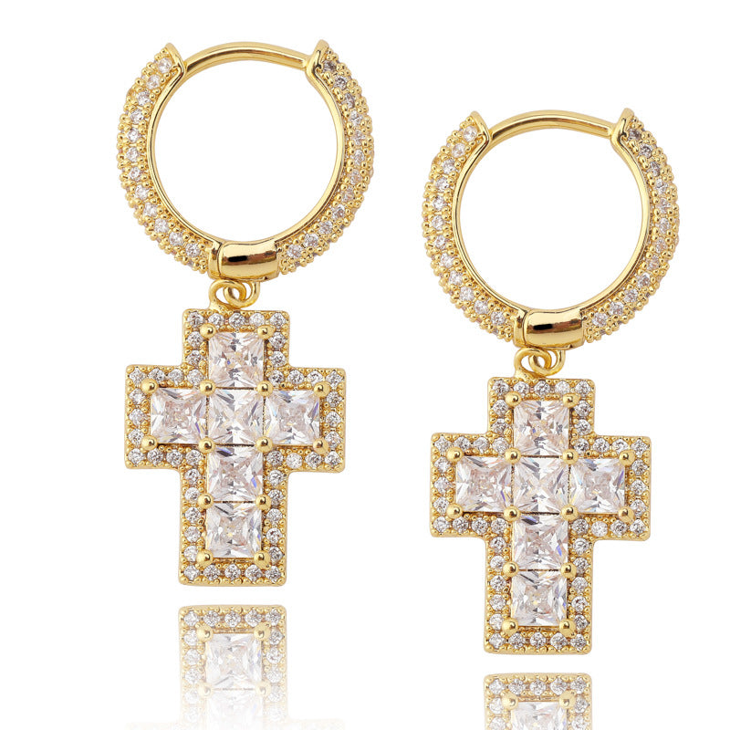 Iced Cross Dangle Hoop Earrings