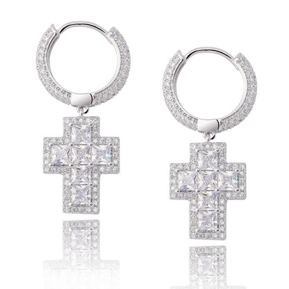 Iced Cross Dangle Hoop Earrings