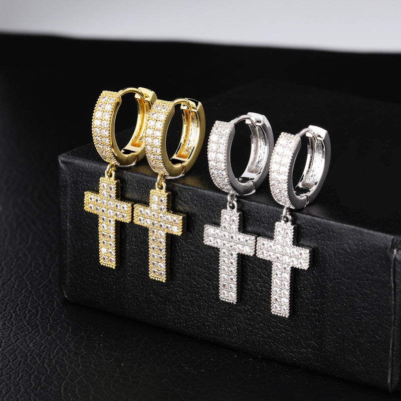 Iced Cross Dangle Hoop Earrings