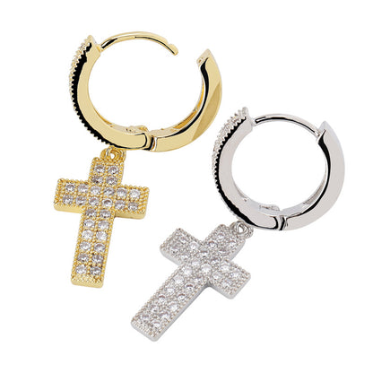 Iced Double Rows Hip Hop Cross Hoop Earrings