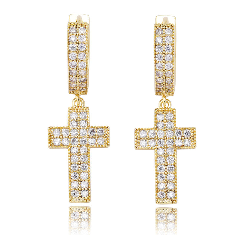 Iced Double Rows Hip Hop Cross Hoop Earrings