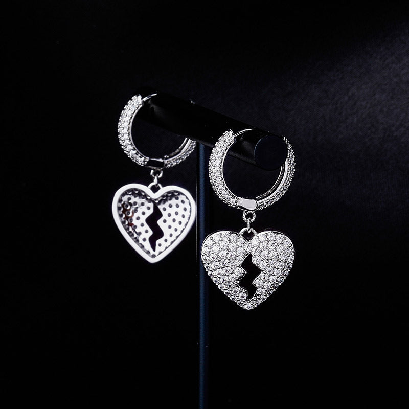 Iced Broken Heart Dangle Hoop Earrings