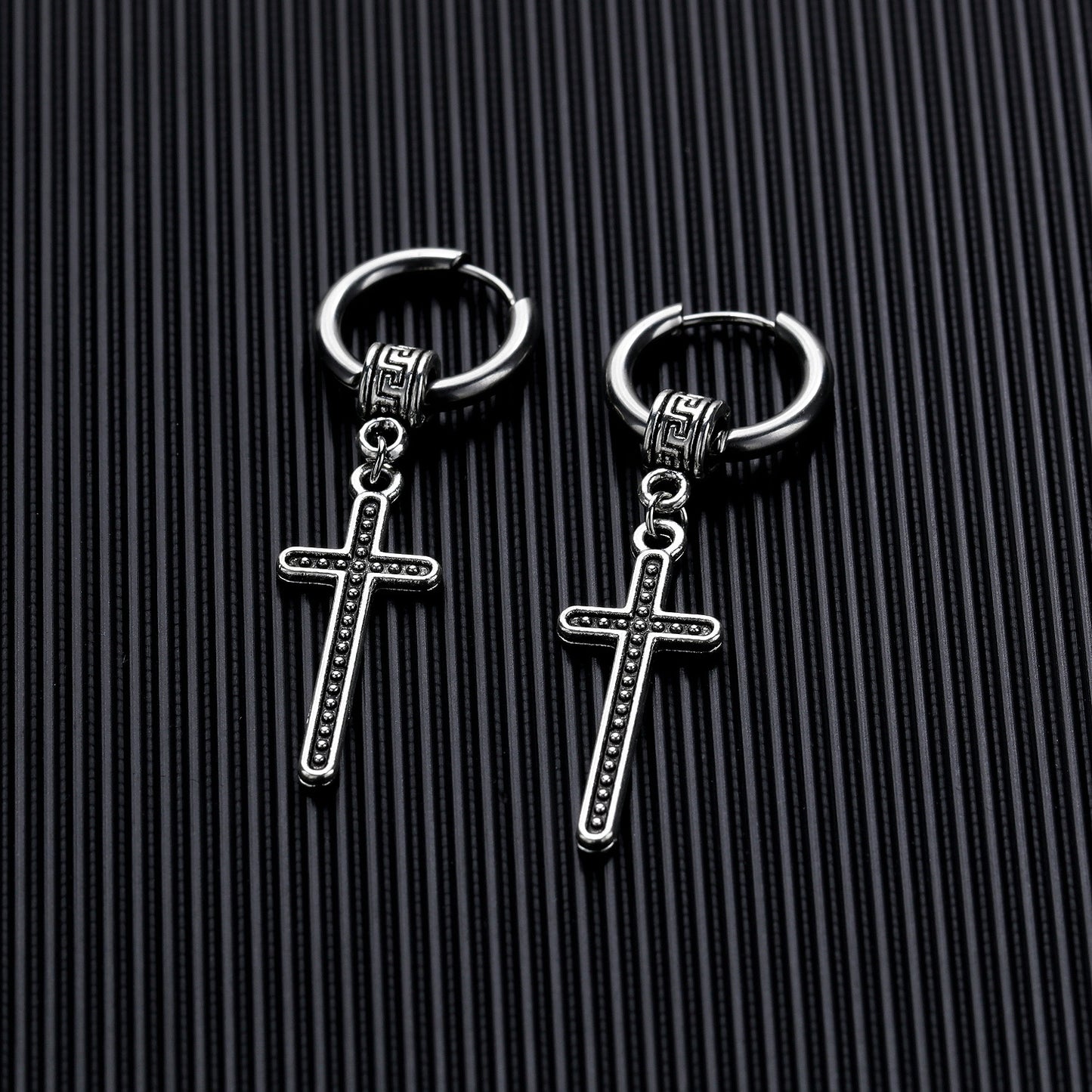 Stainless Steel Cross Dangle Hoop Earrings in Silver