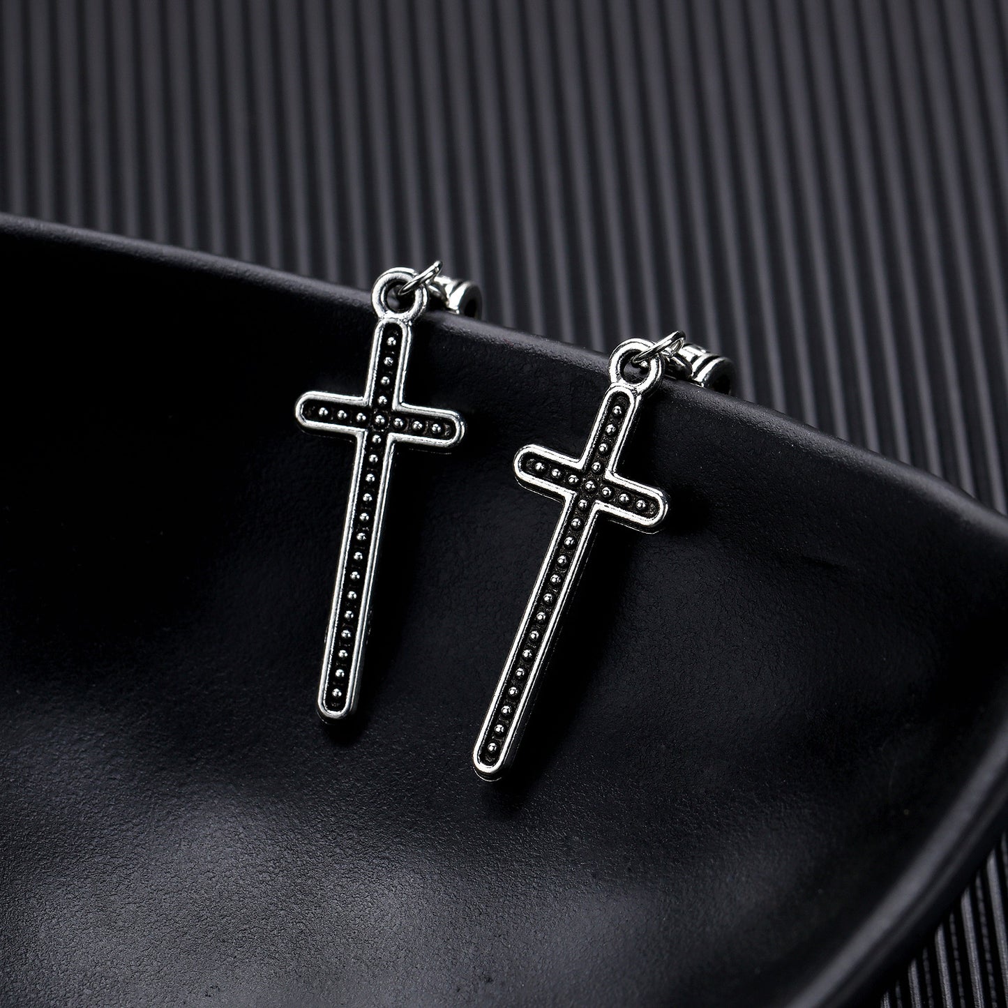 Stainless Steel Cross Dangle Hoop Earrings in Silver