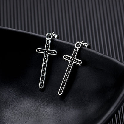 Stainless Steel Cross Dangle Hoop Earrings in Silver