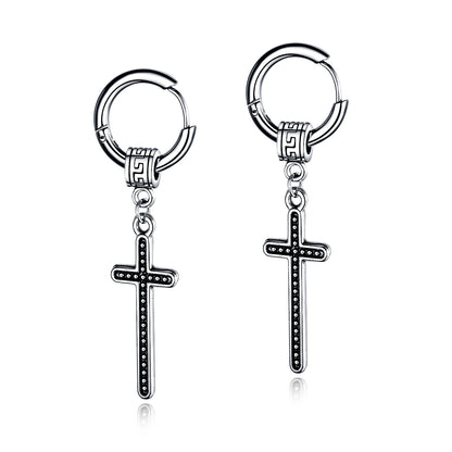 Stainless Steel Cross Dangle Hoop Earrings in Silver