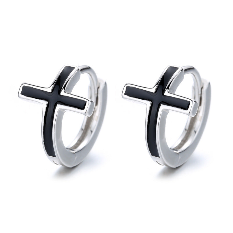 Black Cross Silver Hoop Earrings in White Gold