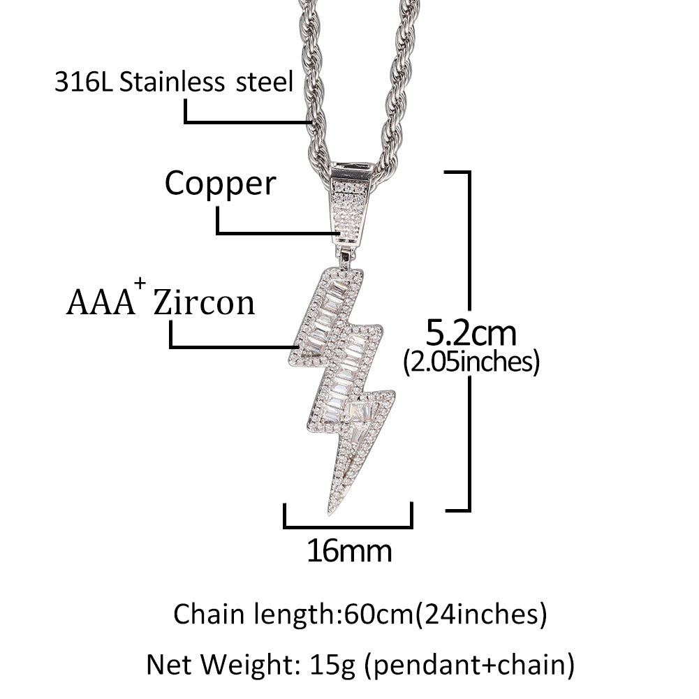 Iced Lightning Bolt Pendant Studded with Rectangle Zircon