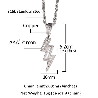 Iced Lightning Bolt Pendant Studded with Rectangle Zircon