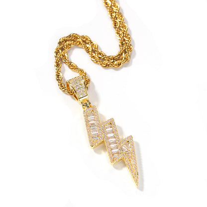 Iced Lightning Bolt Pendant Studded with Rectangle Zircon