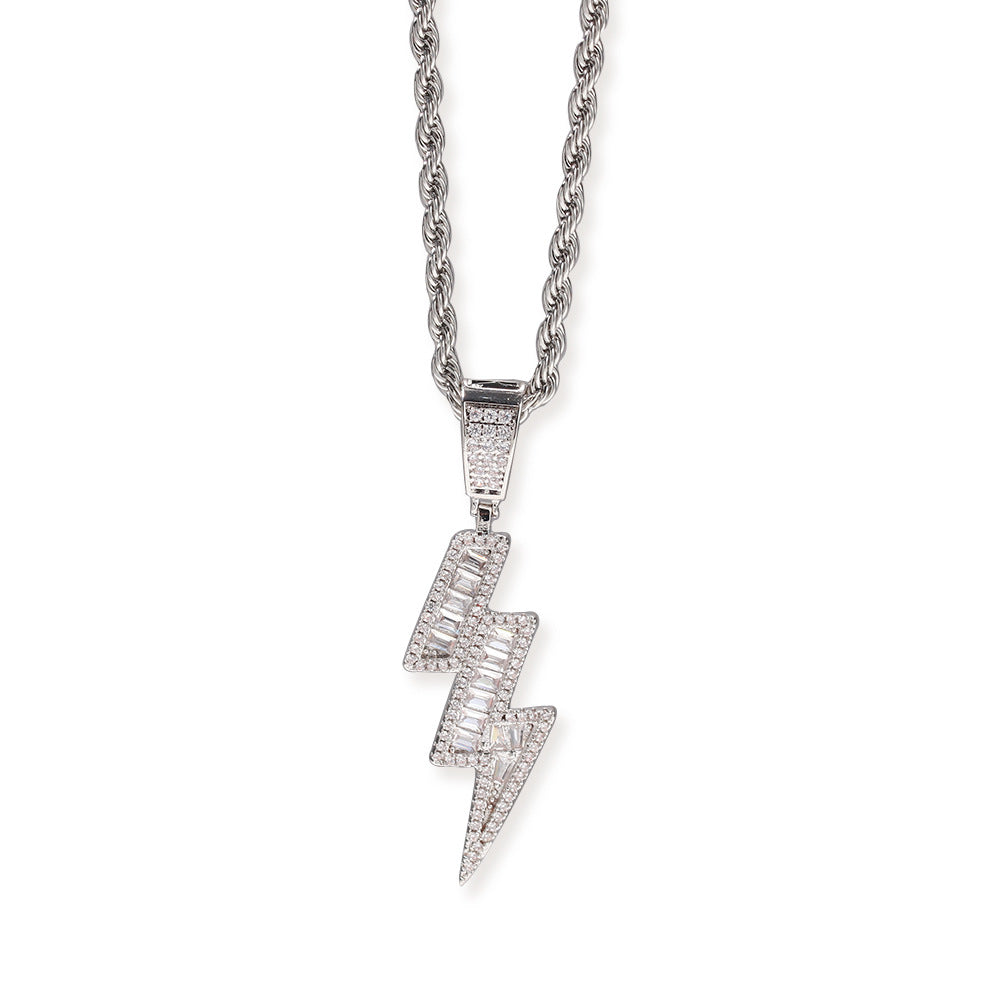 Iced Lightning Bolt Pendant Studded with Rectangle Zircon