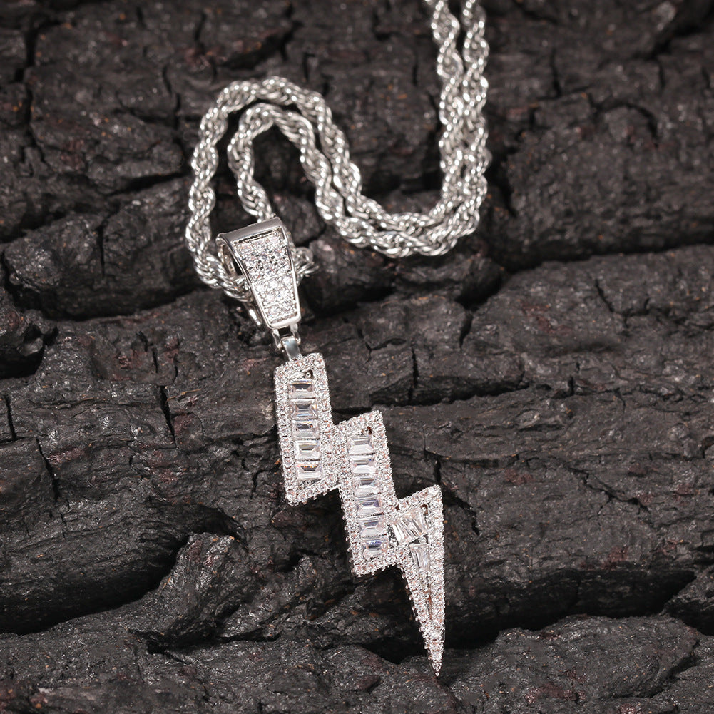 Iced Lightning Bolt Pendant Studded with Rectangle Zircon