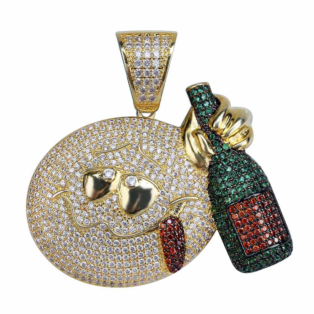 Iced Drunk Face Wine Bottle Emoji Pendant in Gold