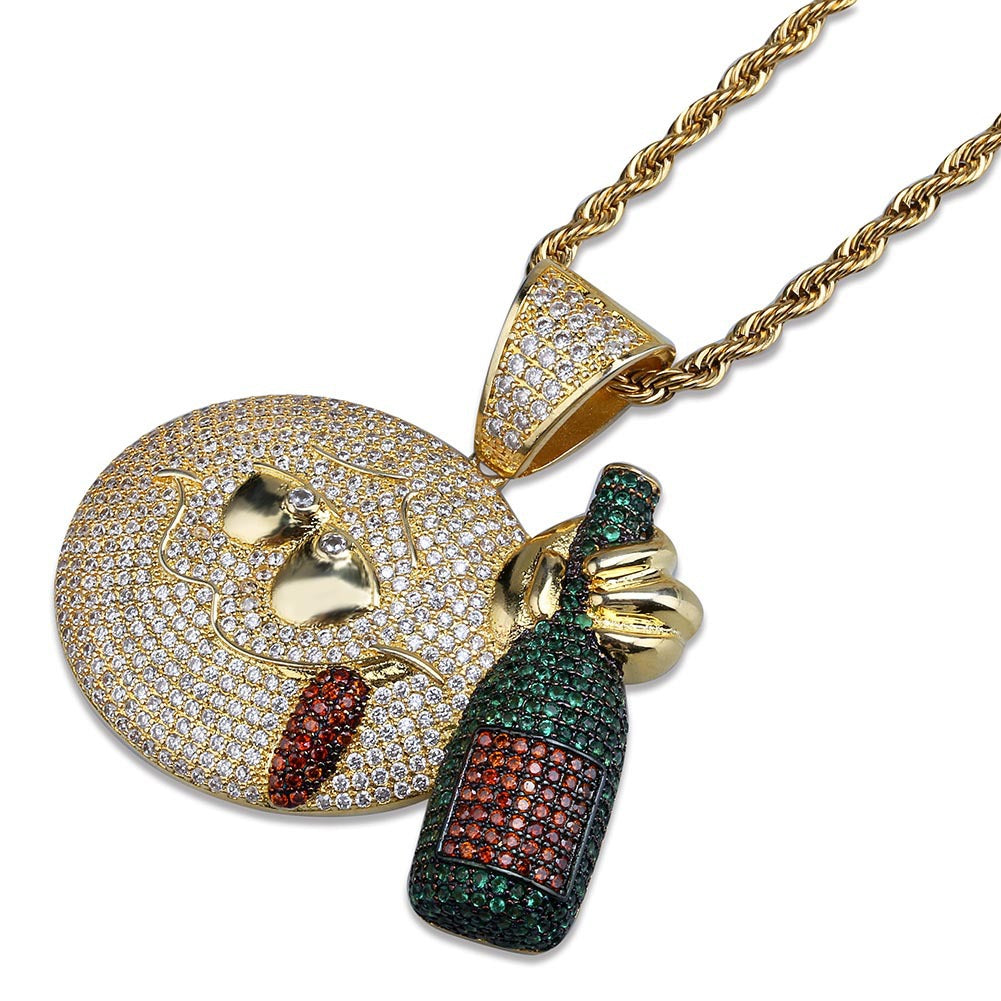 Iced Drunk Face Wine Bottle Emoji Pendant in Gold