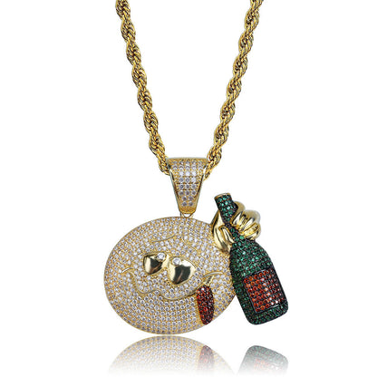 Iced Drunk Face Wine Bottle Emoji Pendant in Gold